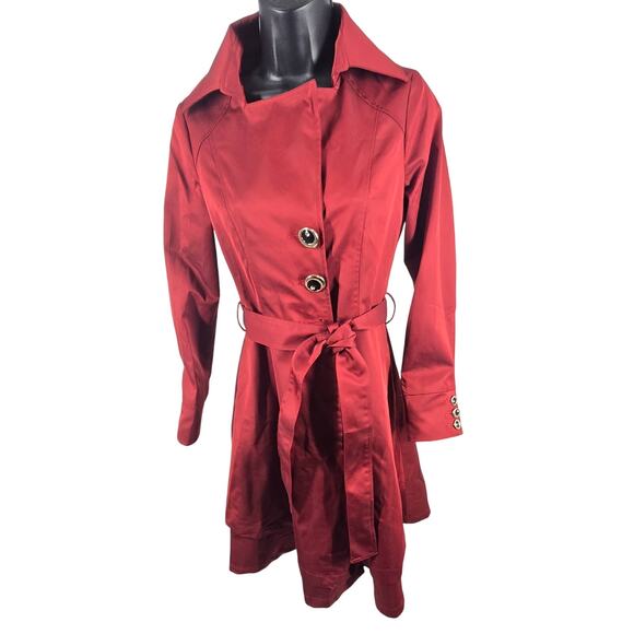 Max Mara Burgundy Maroon Womens Medium Flared Trench Coat Belted Layers Classic - Picture 3 of 7